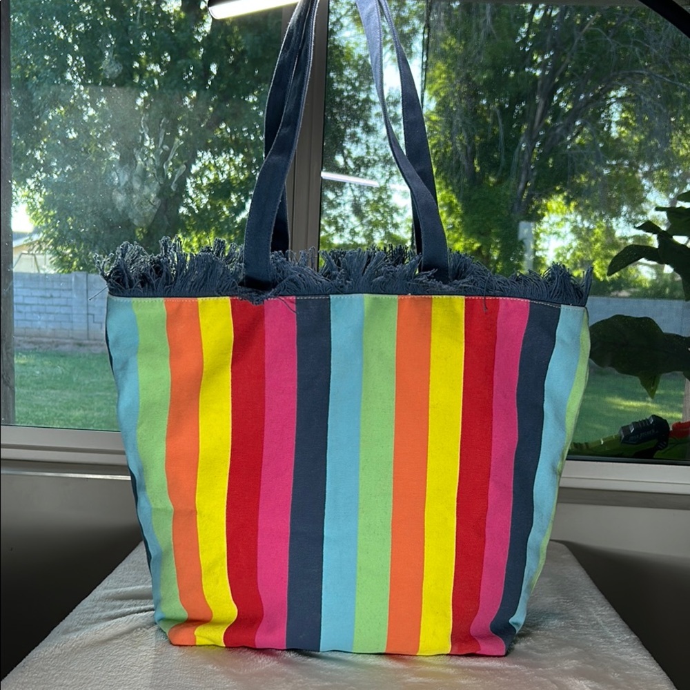 SHIRALEAH Rainbow Striped Print Canvas TOTE SHOULDER‎ Shopper bag